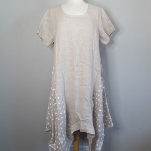 NWT Luca Vanucci 100% Linen Lagenlook Asymmetrical Hem Beige Dress Sz M